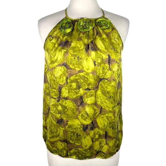 Kenar Women's 100% Silk Halter Top S Green Floral Rosettes Sleeveless - Picture 1 of 6